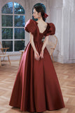 Burgundy Satin Long Prom Dresses, Lovely Puff Sleeve Evening Gown HZ0429