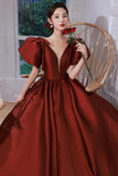 Burgundy Satin Long Prom Dresses, Lovely Puff Sleeve Evening Gown HZ0429