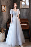 Blue Tulle Long  A-Line Formal Dresses, Shiny V-Neck Evening Dresses HZ0429