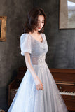 Blue Tulle Long  A-Line Formal Dresses, Shiny V-Neck Evening Dresses HZ0429