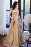 Gold Sequins Long Prom Dress, A-Line Off the Shoulder Evening Dress HZ0429