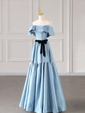 Blue Satin Long Formal Dress, Blue Strapless A-Line Prom Dress HZ0429
