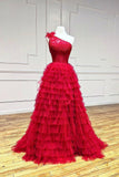 Red Tulle Lace Long Prom Dresses, One Shoulder Evening Dresses HZ0429