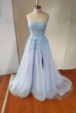 Blue Strapless Lace Long A-Line Prom Dress, Blue Evening Party Dress HZ0429