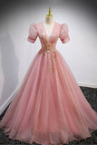 Pink V-Neck Tulle Long Prom Dresses, A-Line Short Sleeve Evening Dresses HZ0429