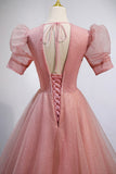 Pink V-Neck Tulle Long Prom Dresses, A-Line Short Sleeve Evening Dresses HZ0429