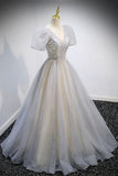 Grey V-Neck Tulle Beading Long Prom Dresses, A-Line Evening Dresses HZ0429