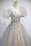 Grey V-Neck Tulle Beading Long Prom Dresses, A-Line Evening Dresses HZ0429