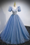 Blue V-Neck Tulle Beading Long Prom Dresses, Blue Short Sleeve Evening Dresses HZ0429