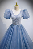 Blue V-Neck Tulle Beading Long Prom Dresses, Blue Short Sleeve Evening Dresses HZ0429