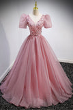 Pink V-Neck Tulle Long Prom Dresses, A-Line Evening Party Dresses HZ0429