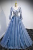 Blue V-Neck Tulle Beading Long Prom Dresses, Long Sleeve Evening Dresses HZ0429
