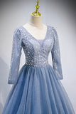 Blue V-Neck Tulle Beading Long Prom Dresses, Long Sleeve Evening Dresses HZ0429