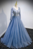 Blue V-Neck Tulle Beading Long Prom Dresses, Long Sleeve Evening Dresses HZ0429