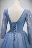 Blue V-Neck Tulle Beading Long Prom Dresses, Long Sleeve Evening Dresses HZ0429