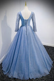 Blue V-Neck Tulle Beading Long Prom Dresses, Long Sleeve Evening Dresses HZ0429