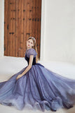 Purple Velvet Tulle Long Prom Dresses, Cute A-Line Evening Dresses HZ0429