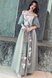 Gray Tulle Lace Long Prom Dresses, Cute A-Line Evening Dresses HZ0429