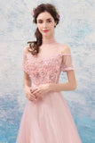 Pink Lace Long A-Line Prom Dresses, Lovely Pink Evening Dresses HZ0429