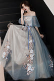 Gray Tulle Lace Long Prom Dresses, Cute A-Line Evening Dresses HZ0429