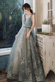 Gray V-Neck Tulle Sequins long Prom Dress, A-Line Evening Dress HZ0429