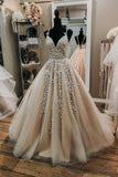 Champagne Tulle Lace Long Prom Dresses, A-Line Formal Evening Dresses HZ0429
