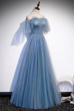 Blue Tulle Beading Long Prom Dresses, A-Line Evening Party Dresses HZ0429
