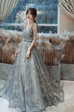 Gray V-Neck Tulle Sequins long Prom Dress, A-Line Evening Dress HZ0429