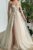 Champagne Tulle Lace Long Prom Dresses, A-Line Evening Dresses with Applique HZ0429