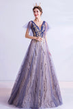 Purple V-Neck Tulle Sequins Long Prom Dresses, A-Line Evening Dresses HZ0429