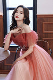 Burgundy Gradient Tulle A-Line Long Formal Dress, Off the Shoulder Prom Dress HZ0429