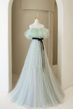Green Tulle Floor Length Prom Dress, A-Line Off Shoulder Evening Dress HZ0429