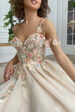 Champagne Tulle Lace Long Prom Dresses, A-Line Evening Dresses with Applique HZ0429