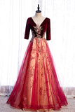 Burgundy Velvet Tulle Long Prom Dresses, Burgundy 1/2 Sleeve Evening Dresses HZ0429