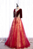 Burgundy Velvet Tulle Long Prom Dresses, Burgundy 1/2 Sleeve Evening Dresses HZ0429