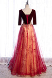 Burgundy Velvet Tulle Long Prom Dresses, Burgundy 1/2 Sleeve Evening Dresses HZ0429
