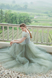 Cute Tulle Long Prom Dresses, A-Line Short Sleeve Graduation Dresses HZ0429