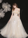 Champagne Lace Off the Shoulder Prom Dress, A-Line Evening Party Dress HZ0429
