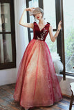 Burgundy Velvet Tulle Long Prom Dresses, V-Neck Graduation Dresses HZ0429