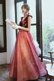 Burgundy Velvet Tulle Long Prom Dresses, V-Neck Graduation Dresses HZ0429