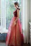 Burgundy Velvet Tulle Long Prom Dresses, V-Neck Graduation Dresses HZ0429