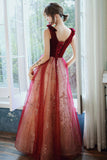 Burgundy Velvet Tulle Long Prom Dresses, V-Neck Graduation Dresses HZ0429