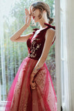 Burgundy Velvet Tulle Long Prom Dresses, V-Neck Graduation Dresses HZ0429