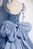 Blue Spaghetti Strap Tulle Long Dress, Blue Evening Dress with Bow HZ0429