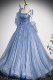 Blue Spaghetti Strap Tulle Long Dress, Blue Evening Dress with Bow HZ0429