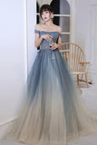 Blue Gradient Beaded Tulle Long Formal Dress, Blue A-Line Prom Dress HZ0429
