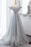 Gray Tulle Lace Long Prom Dresses, A-Line Sequins Evening Dresses HZ0429