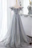 Gray Tulle Lace Long Prom Dresses, A-Line Sequins Evening Dresses HZ0429