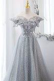 Gray Tulle Lace Long Prom Dresses, A-Line Sequins Evening Dresses HZ0429