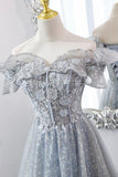 Gray Tulle Lace Long Prom Dresses, A-Line Sequins Evening Dresses HZ0429
